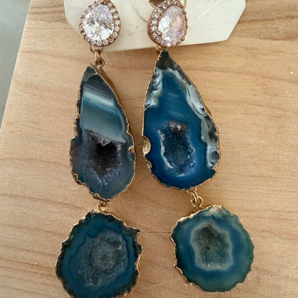 Gold-Trim Blue Agate Drop Earrings - Blue Agate Dangle Earrings